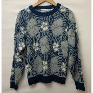 Vintage Saturdays Mens Sweater M Knit Blue White Floral Geo Print Grandpa Cosby